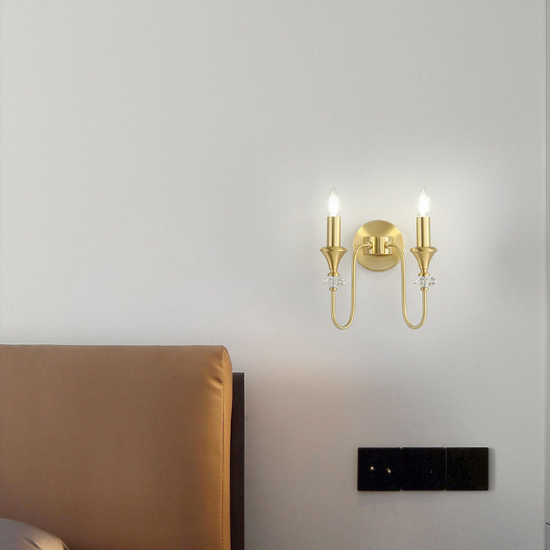 Traditional French Curved Rod Candelabra Copper Crystal 1/2/3 Light Wall Sconce Lamp For Living Room