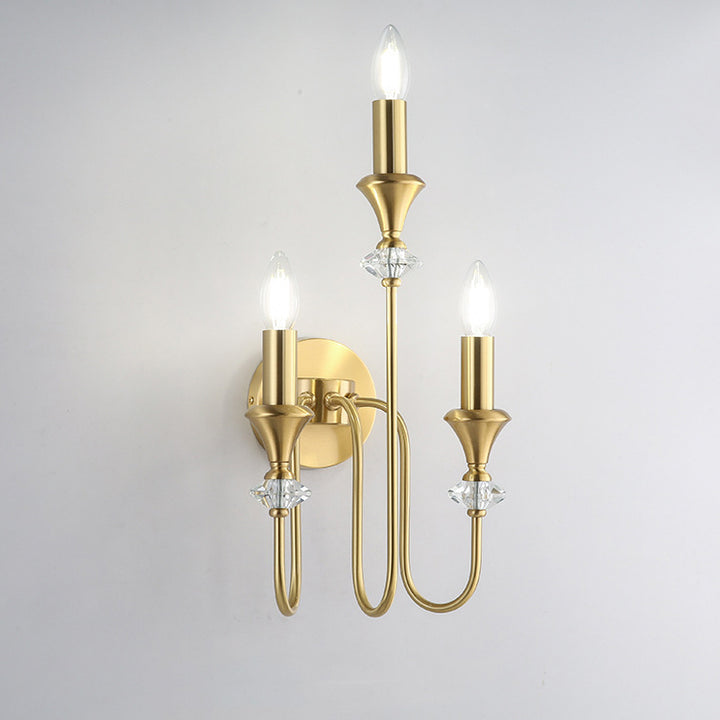 Traditional French Curved Rod Candelabra Copper Crystal 1/2/3 Light Wall Sconce Lamp For Living Room