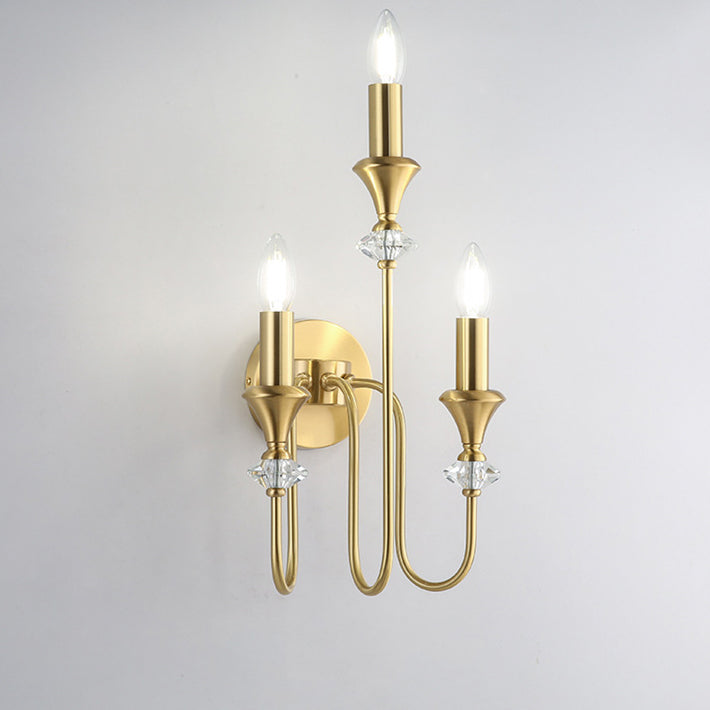 Traditional French Curved Rod Candelabra Copper Crystal 1/2/3 Light Wall Sconce Lamp For Living Room