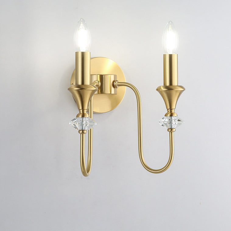 Traditional French Curved Rod Candelabra Copper Crystal 1/2/3 Light Wall Sconce Lamp For Living Room