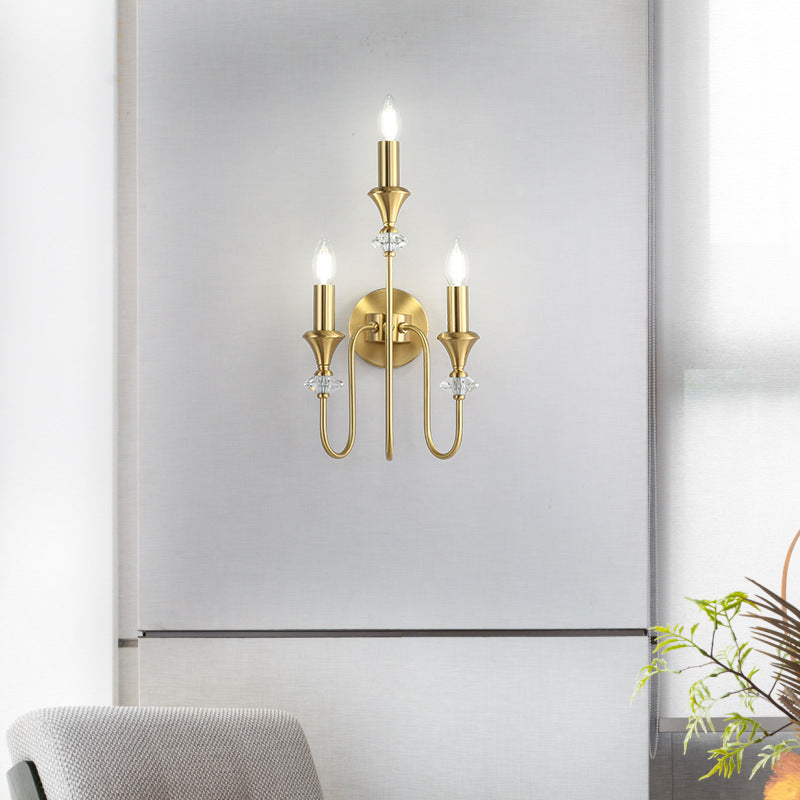 Traditional French Curved Rod Candelabra Copper Crystal 1/2/3 Light Wall Sconce Lamp For Living Room
