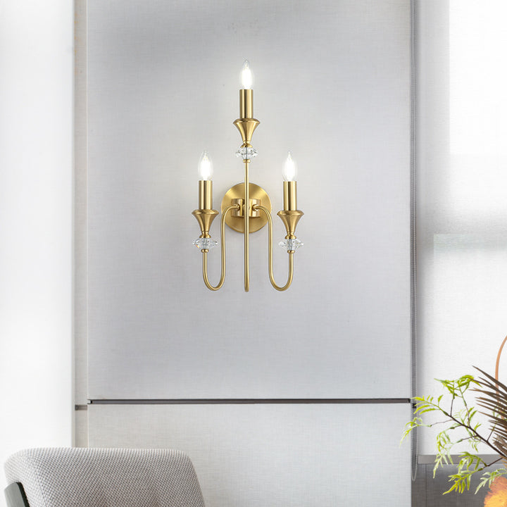 Traditional French Curved Rod Candelabra Copper Crystal 1/2/3 Light Wall Sconce Lamp For Living Room