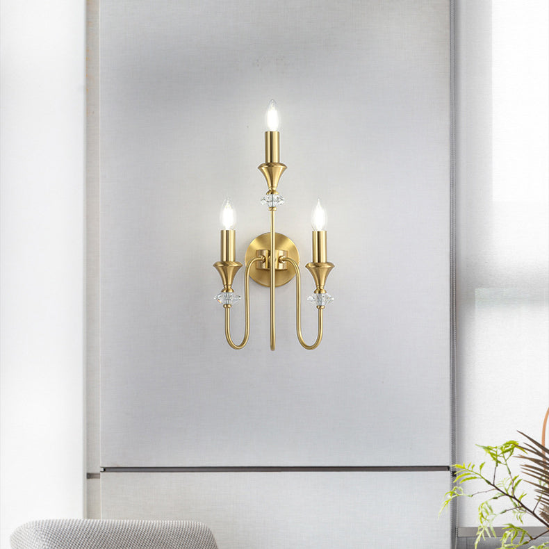 Traditional French Curved Rod Candelabra Copper Crystal 1/2/3 Light Wall Sconce Lamp For Living Room