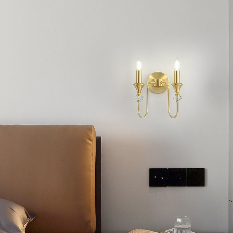 Traditional French Curved Rod Candelabra Copper Crystal 1/2/3 Light Wall Sconce Lamp For Living Room