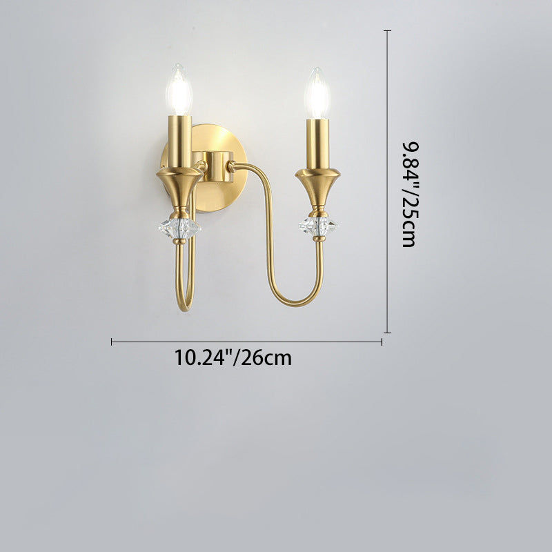 Traditional French Curved Rod Candelabra Copper Crystal 1/2/3 Light Wall Sconce Lamp For Living Room
