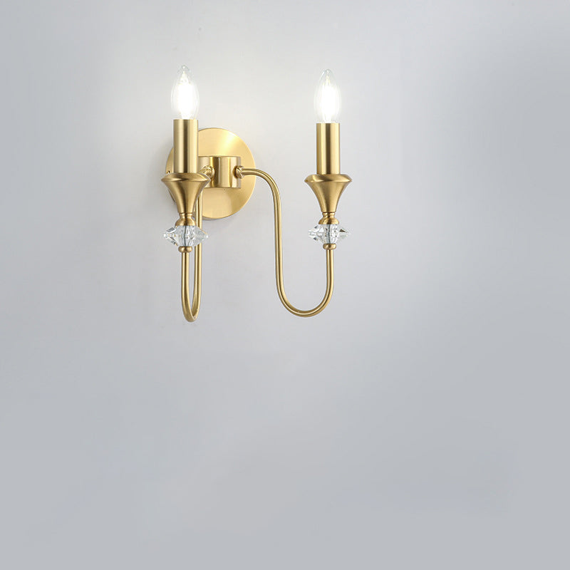 Traditional French Curved Rod Candelabra Copper Crystal 1/2/3 Light Wall Sconce Lamp For Living Room
