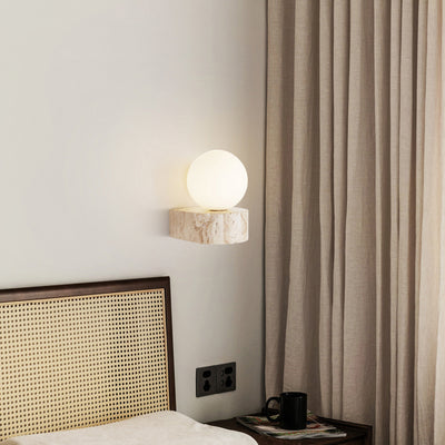 Traditional Japanese Round Globe Yellow Travertine Glass 1-Light Wall Sconce Lamp For Living Room