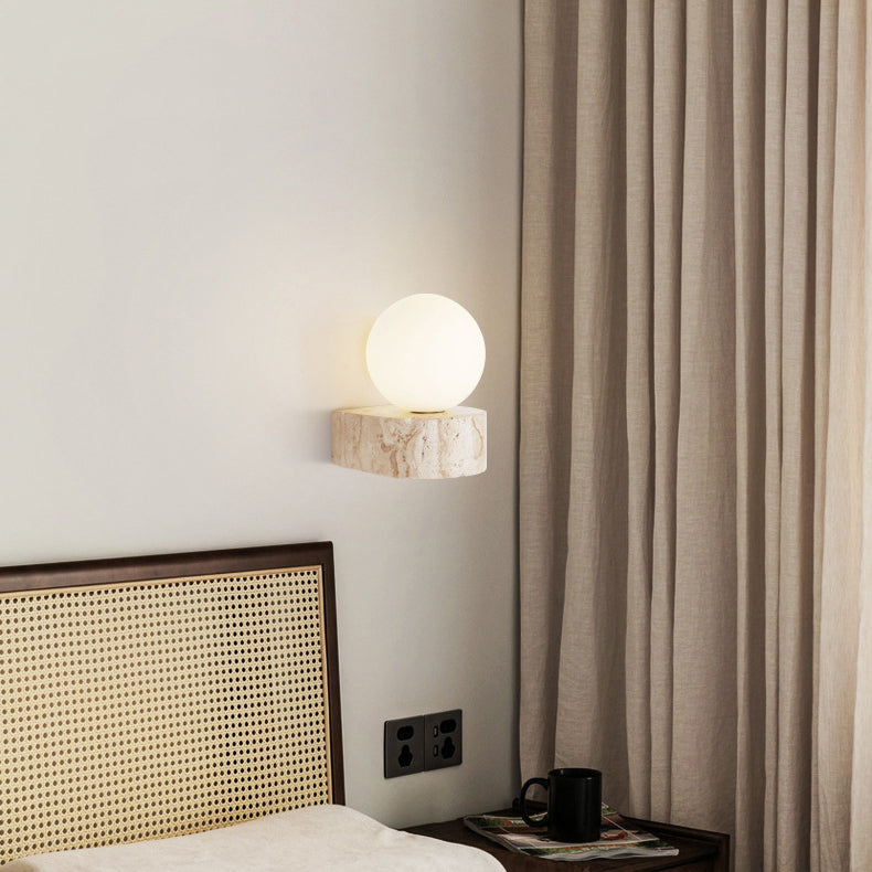 Traditional Japanese Round Globe Yellow Travertine Glass 1-Light Wall Sconce Lamp For Living Room