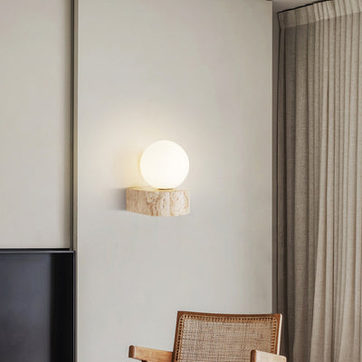 Traditional Japanese Round Globe Yellow Travertine Glass 1-Light Wall Sconce Lamp For Living Room