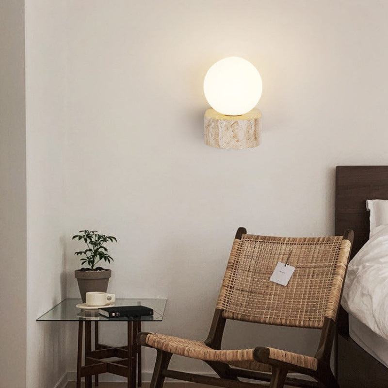 Traditional Japanese Round Globe Yellow Travertine Glass 1-Light Wall Sconce Lamp For Living Room