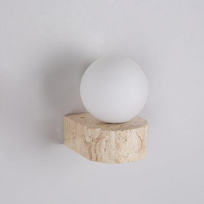 Traditional Japanese Round Globe Yellow Travertine Glass 1-Light Wall Sconce Lamp For Living Room