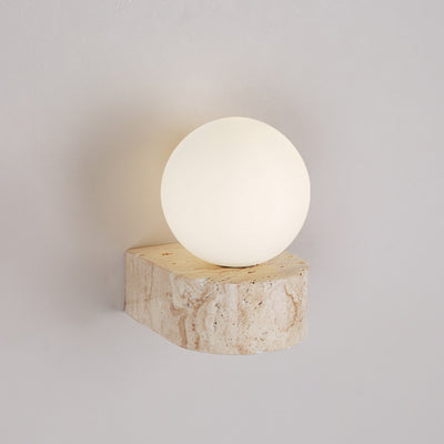 Traditional Japanese Round Globe Yellow Travertine Glass 1-Light Wall Sconce Lamp For Living Room