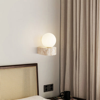 Traditional Japanese Round Globe Yellow Travertine Glass 1-Light Wall Sconce Lamp For Living Room