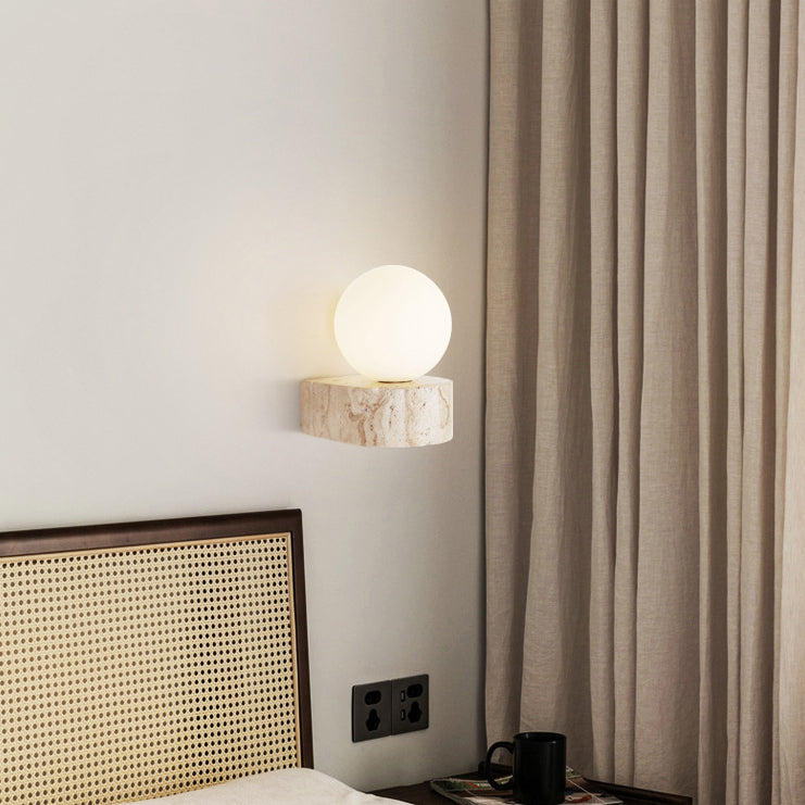 Traditional Japanese Round Globe Yellow Travertine Glass 1-Light Wall Sconce Lamp For Living Room