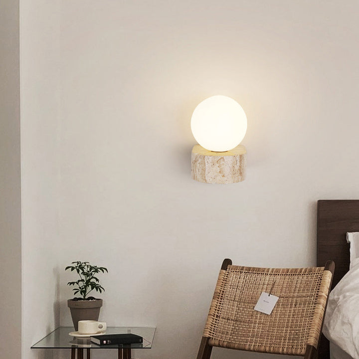 Traditional Japanese Round Globe Yellow Travertine Glass 1-Light Wall Sconce Lamp For Living Room