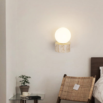 Traditional Japanese Round Globe Yellow Travertine Glass 1-Light Wall Sconce Lamp For Living Room