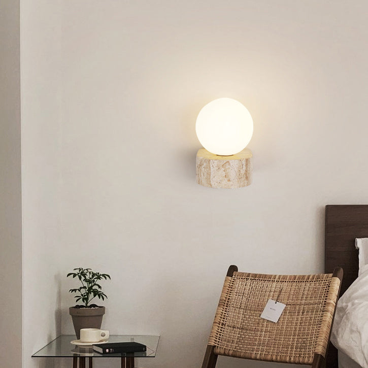 Traditional Japanese Round Globe Yellow Travertine Glass 1-Light Wall Sconce Lamp For Living Room