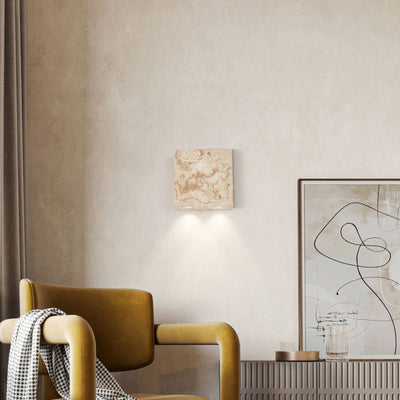 Traditional Japanese Square Yellow Travertine Glass 2-Light Wall Sconce Lamp For Bedroom
