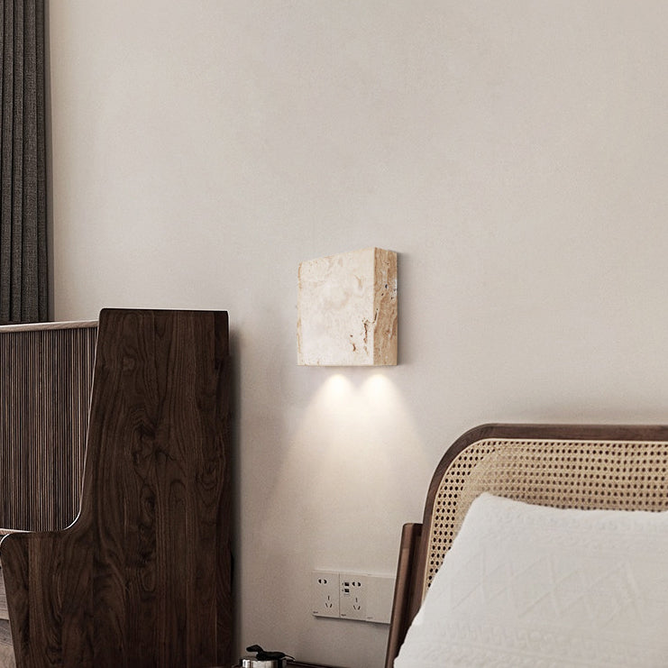 Traditional Japanese Square Yellow Travertine Glass 2-Light Wall Sconce Lamp For Bedroom