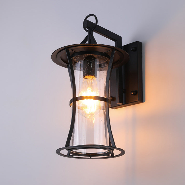 Aplique de pared de 1 luz con pantalla de vidrio, marco de hardware rectangular, cilindro impermeable chino tradicional para patio exterior 