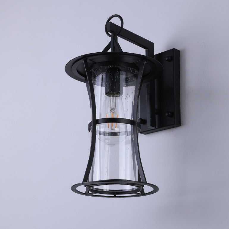 Aplique de pared de 1 luz con pantalla de vidrio, marco de hardware rectangular, cilindro impermeable chino tradicional para patio exterior 