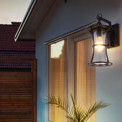 Aplique de pared de 1 luz con pantalla de vidrio, marco de hardware rectangular, cilindro impermeable chino tradicional para patio exterior 