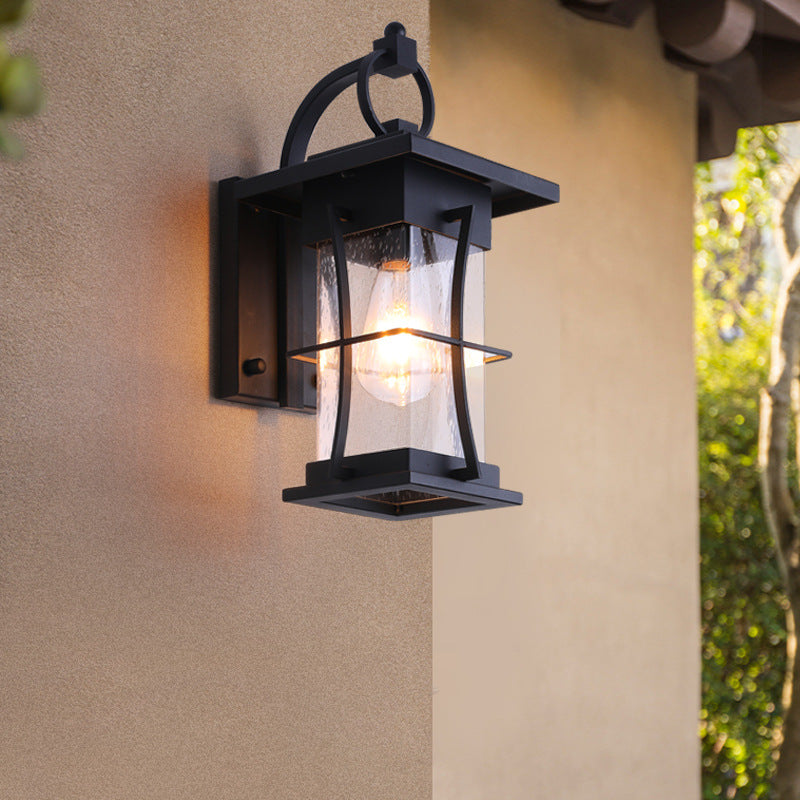 Aplique de pared de 1 luz con pantalla de vidrio, marco de hardware rectangular, cilindro impermeable chino tradicional para patio exterior 