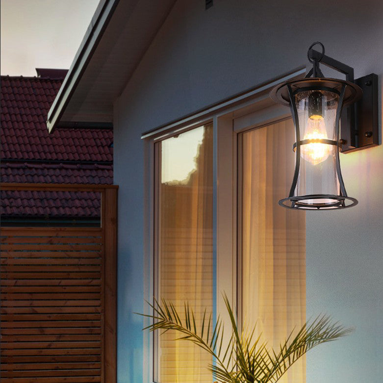 Aplique de pared de 1 luz con pantalla de vidrio, marco de hardware rectangular, cilindro impermeable chino tradicional para patio exterior 