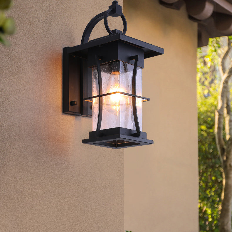 Aplique de pared de 1 luz con pantalla de vidrio, marco de hardware rectangular, cilindro impermeable chino tradicional para patio exterior 