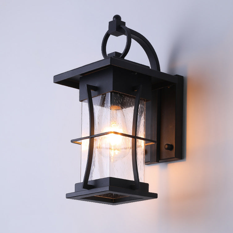 Aplique de pared de 1 luz con pantalla de vidrio, marco de hardware rectangular, cilindro impermeable chino tradicional para patio exterior 