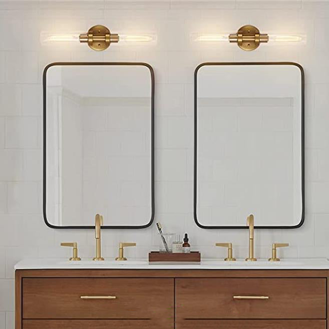 Moderner minimalistischer Zylinder Glas Eisen Schirm 2-Licht Waschtischlampe Wandleuchte für Badezimmer 