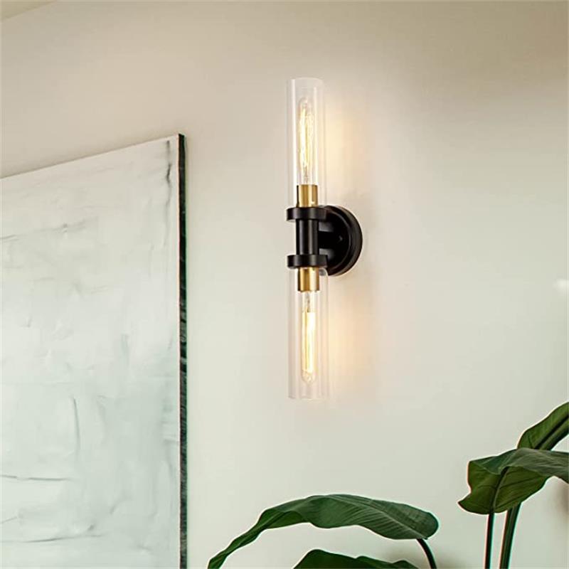 Lampe murale applique de salle de bain à 2 lumières avec abat-jour en fer et verre cylindrique minimaliste moderne 