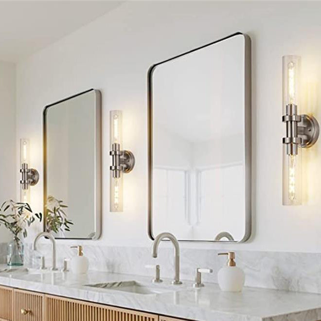 Moderner minimalistischer Zylinder Glas Eisen Schirm 2-Licht Waschtischlampe Wandleuchte für Badezimmer 