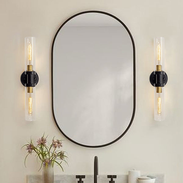 Moderner minimalistischer Zylinder Glas Eisen Schirm 2-Licht Waschtischlampe Wandleuchte für Badezimmer 