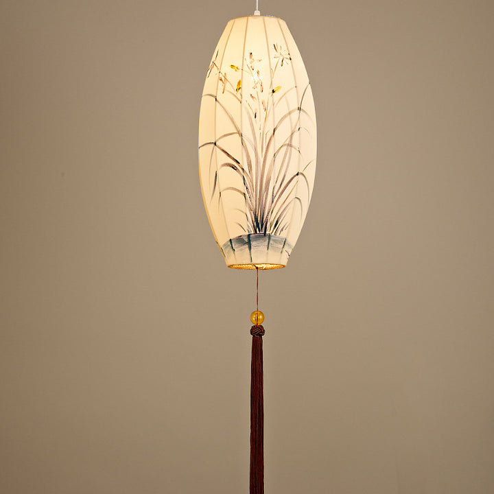 Traditional Chinese Long Oval Lantern Fabric Cover Hardware Frame 1-Light Pendant Light For Dining Room
