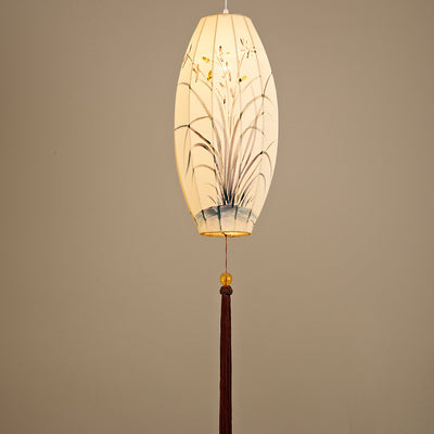 Traditional Chinese Long Oval Lantern Fabric Cover Hardware Frame 1-Light Pendant Light For Dining Room