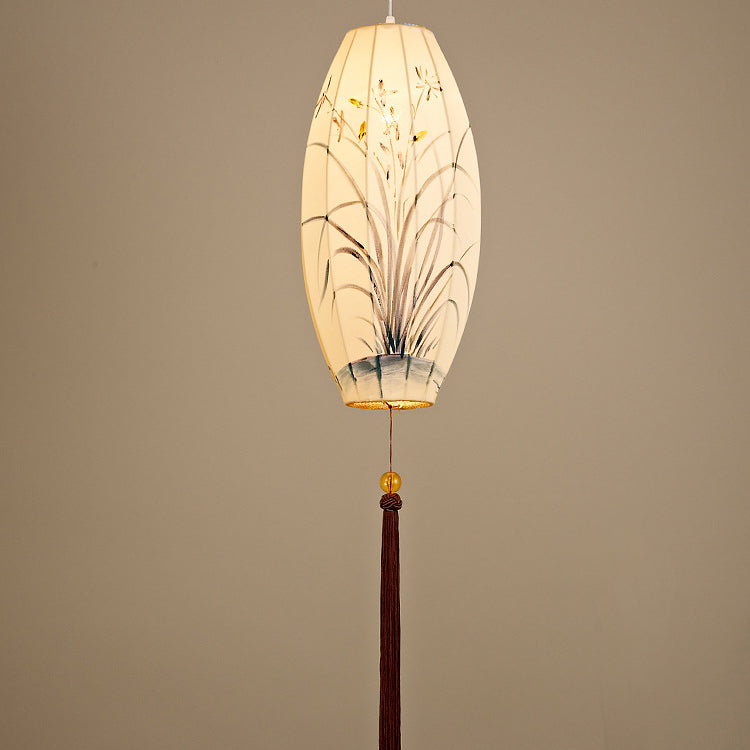 Traditional Chinese Long Oval Lantern Fabric Cover Hardware Frame 1-Light Pendant Light For Dining Room