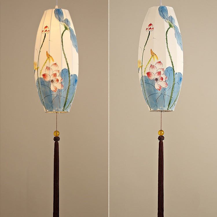 Traditional Chinese Long Oval Lantern Fabric Cover Hardware Frame 1-Light Pendant Light For Dining Room