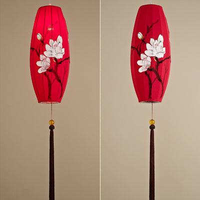 Traditional Chinese Long Oval Lantern Fabric Cover Hardware Frame 1-Light Pendant Light For Dining Room