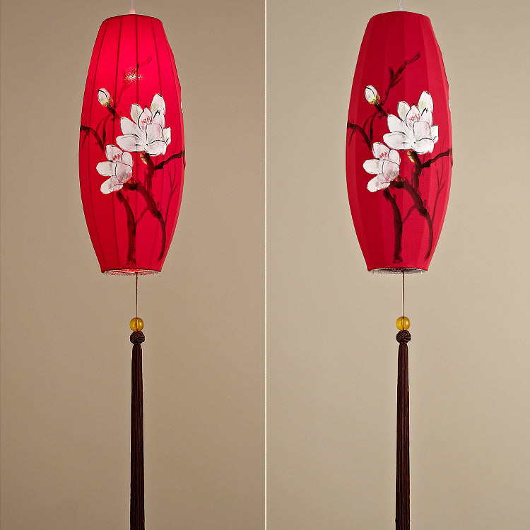 Traditional Chinese Long Oval Lantern Fabric Cover Hardware Frame 1-Light Pendant Light For Dining Room