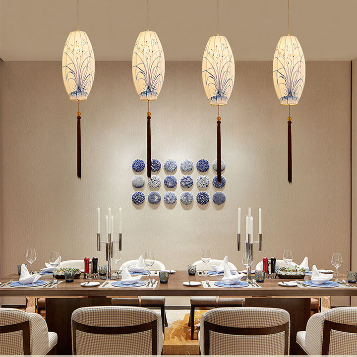 Traditional Chinese Long Oval Lantern Fabric Cover Hardware Frame 1-Light Pendant Light For Dining Room