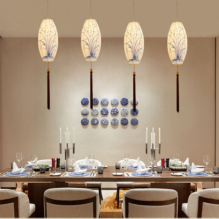 Traditional Chinese Long Oval Lantern Fabric Cover Hardware Frame 1-Light Pendant Light For Dining Room