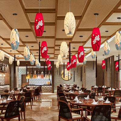 Traditional Chinese Long Oval Lantern Fabric Cover Hardware Frame 1-Light Pendant Light For Dining Room