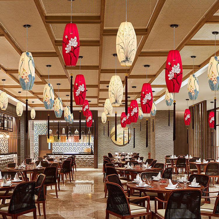 Traditional Chinese Long Oval Lantern Fabric Cover Hardware Frame 1-Light Pendant Light For Dining Room