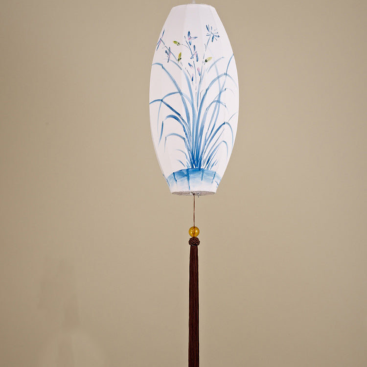 Traditional Chinese Long Oval Lantern Fabric Cover Hardware Frame 1-Light Pendant Light For Dining Room