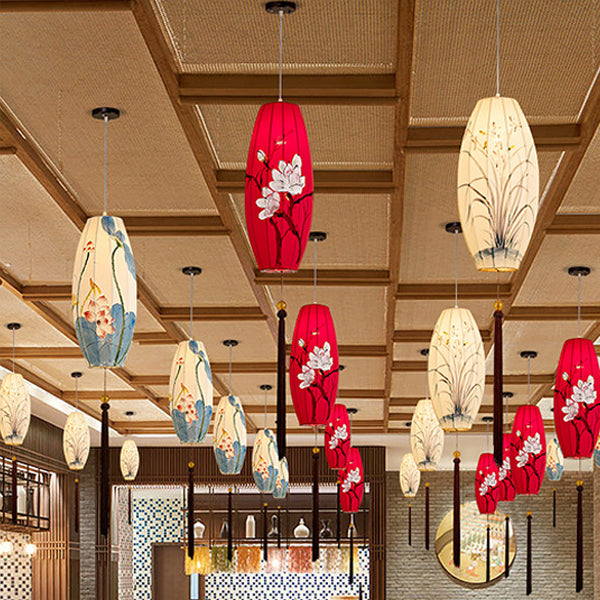 Traditional Chinese Long Oval Lantern Fabric Cover Hardware Frame 1-Light Pendant Light For Dining Room