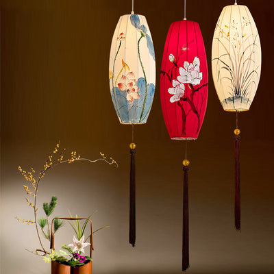Traditional Chinese Long Oval Lantern Fabric Cover Hardware Frame 1-Light Pendant Light For Dining Room