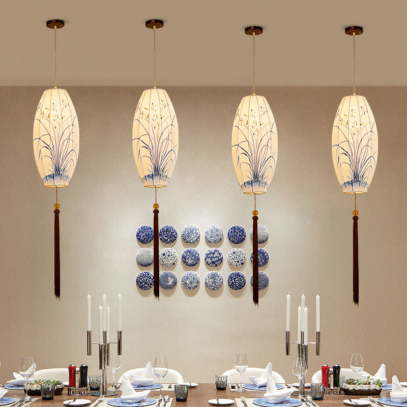 Traditional Chinese Long Oval Lantern Fabric Cover Hardware Frame 1-Light Pendant Light For Dining Room