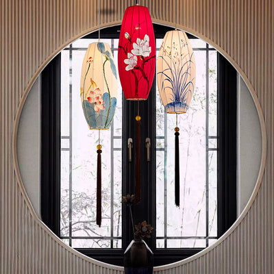Traditional Chinese Long Oval Lantern Fabric Cover Hardware Frame 1-Light Pendant Light For Dining Room