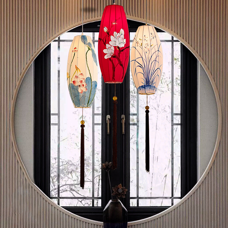 Traditional Chinese Long Oval Lantern Fabric Cover Hardware Frame 1-Light Pendant Light For Dining Room
